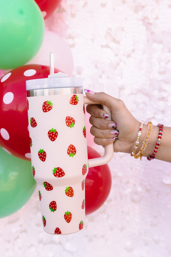 STRAWBERRY 40 oz STAINLESS STEEL TUMBLER WITH HANDLE