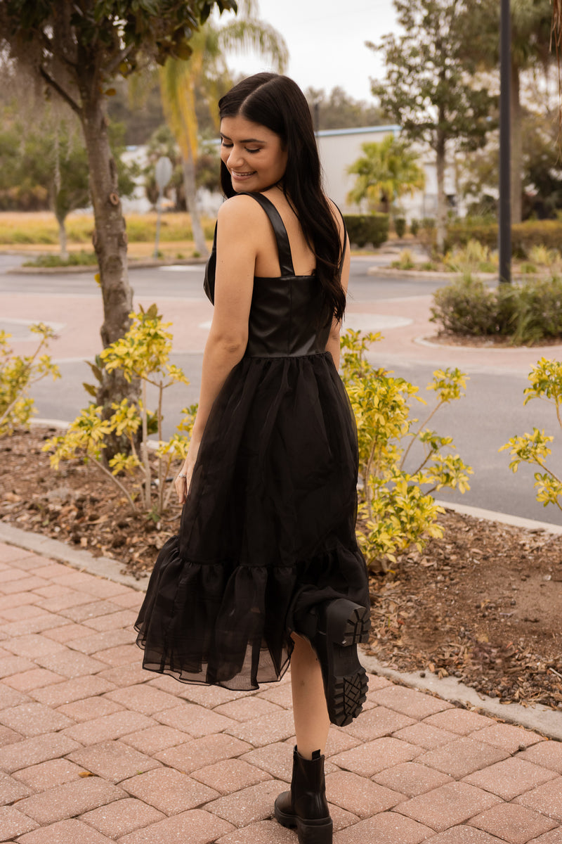 ELLUDE LEATHER ORGANZA MIDI DRESS