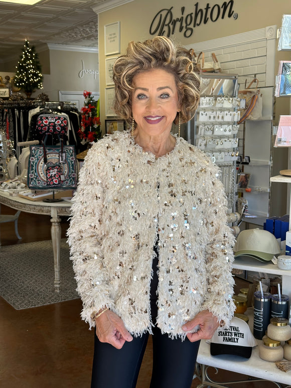 A CUTE IDEA FURRY SEQUIN JACKET