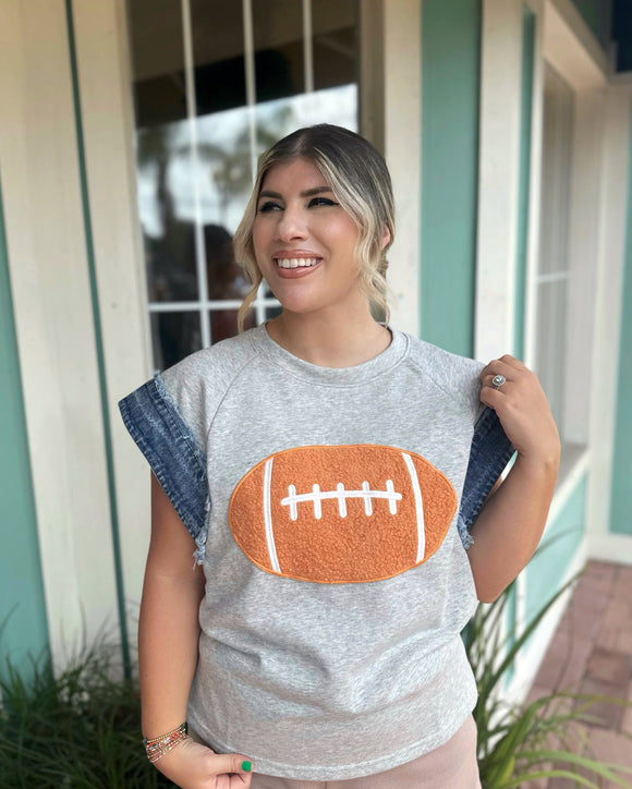 FOOTBALL ON MY MIND DENIM FRAYED EDGE TOP