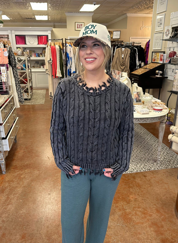 THOUGHT YOU'D KNOW CABLE KNIT FRINGE SWEATER