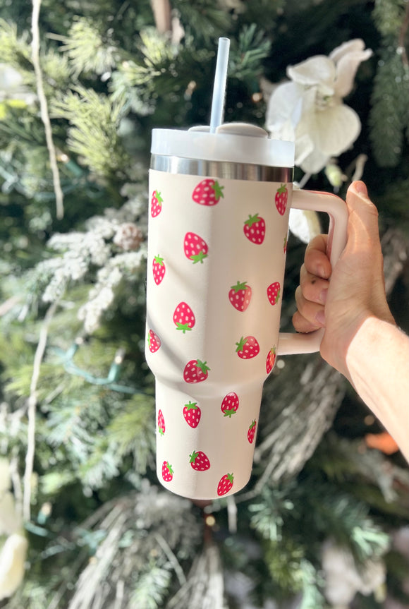 STRAWBERRY 40 oz STAINLESS STEEL TUMBLER WITH HANDLE