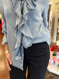 ON THE GO RUFFLED DENIM LONG SLEEVE TOP