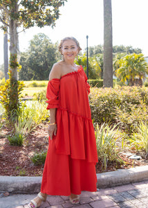 SIZZLE IN RED OTS RUFFLE DRESS