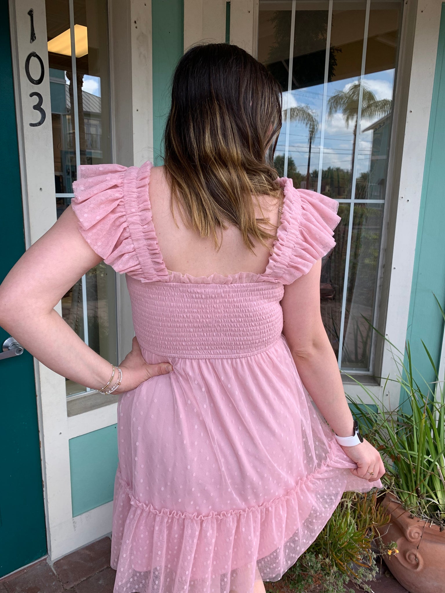 smocked chiffon mini dress Polka Dot Smocked Chiffon Mini Dress (S-L)