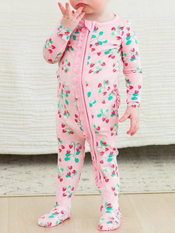 STRAWBERRY VISCOSE BAMBOO FOOTED RUFFLE ONE PIECE PAJAMA