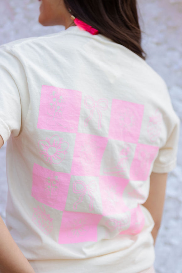 CHECKERED BOOT + BOW BERRY POCKET COMFORT COLORS TEE