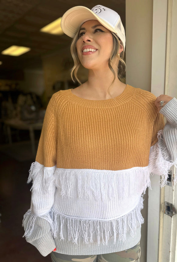 COMFORT IN FALL FRINGE SWEATER