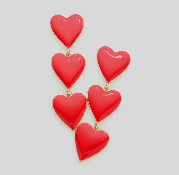 LOVEY TRIPLE ENAMEL HEART DANGLE EARRINGS