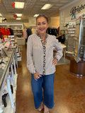 JUST FOR SHOW LEOPARD TRIMMED BLOUSE