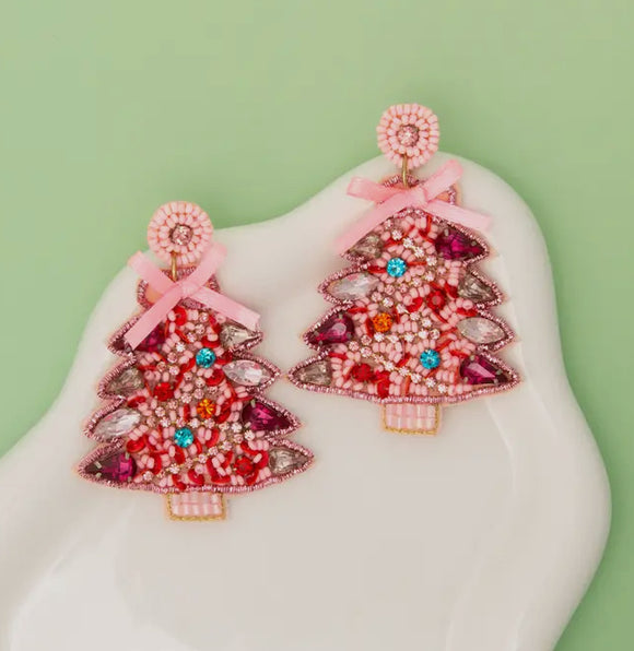 CHRISTMAS TREE SEED BEADED DANGLE EARRINGS