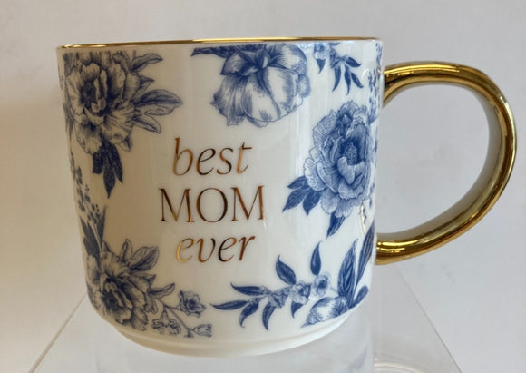 BEST MOM EVER GOLD HANDLE BLUE PRINT COFFEE MUG