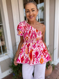 HAVING FUN ONE SHOULDER SMOCKED PEPLUM TOP
