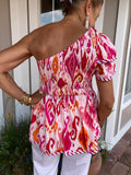 HAVING FUN ONE SHOULDER SMOCKED PEPLUM TOP