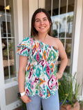 HAVING FUN ONE SHOULDER SMOCKED PEPLUM TOP