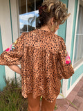 DESTINEE LEOPARD PRINTED EMBROIDERED TOP