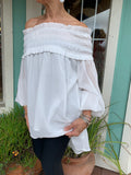 THE STUNNING OFF-SHOULDER SMOCKED DETAIL CHIFFON TUNIC