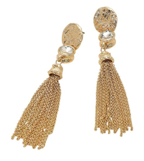 REGAL STONE ACCENTED GOLD TASSEL EARRINGS